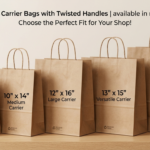 Eco-friendly brown kraft paper bags with sturdy handles and custom logo printing for retail stores, boutiques, restaurants, and gift packaging.