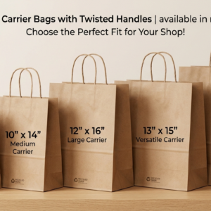 Eco-friendly brown kraft paper bags with sturdy handles and custom logo printing for retail stores, boutiques, restaurants, and gift packaging.