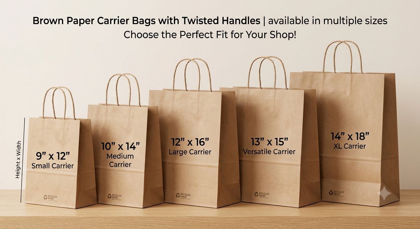 Eco-friendly brown kraft paper bags with sturdy handles and custom logo printing for retail stores, boutiques, restaurants, and gift packaging.
